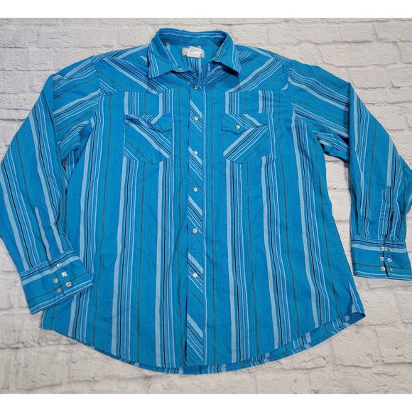 Men Wrangler Wrancher Shirts Blue Stripe Pearl Snaps Long Sleeve Western Wear XL - Picture 1 of 10